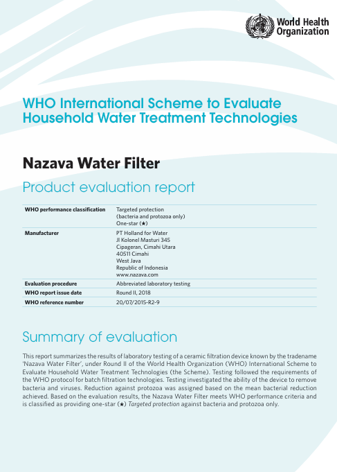 Rapport d'évaluation OMS — Nazava Water Filter